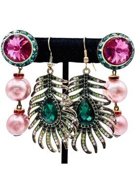 Peacock Feather and Jeweled Dangle Earrings 2 Pair Green Gold Pink Statement